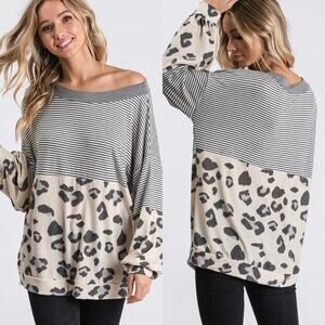 CY FASHION • Boutique Gray Striped + Leopard Long Sleeve Oversized Top